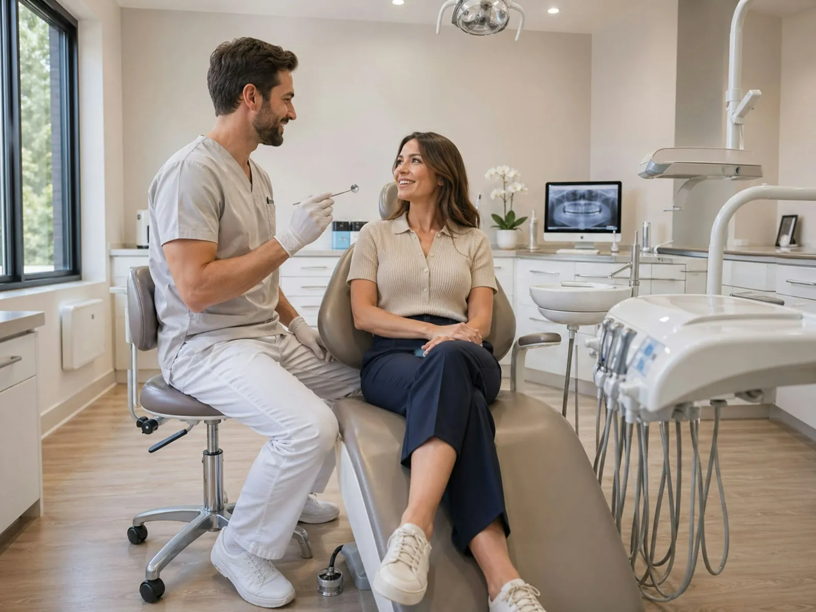 A dentist talking with a smiling patient in a bright, modern dental office